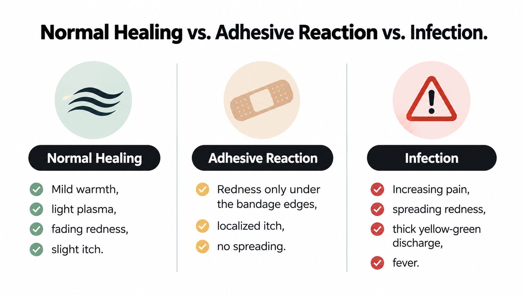 An infographic comparing symptoms of normal tattoo healing, adhesive reactions, and potential skin infections.