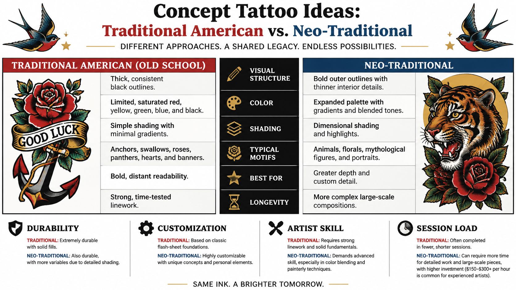 A comparison infographic between Traditional American and Neo-Traditional tattoo styles, showcasing their distinct visual differences.