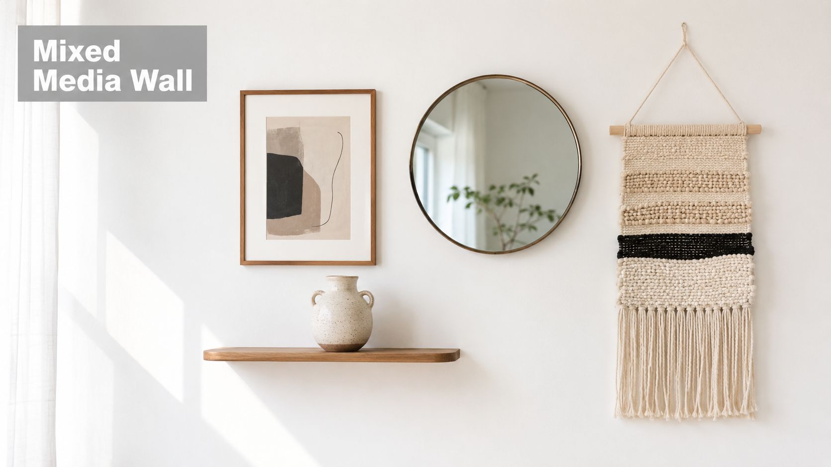 A modern gallery wall featuring framed abstract art, a round mirror, a vase, and woven tapestry decor.