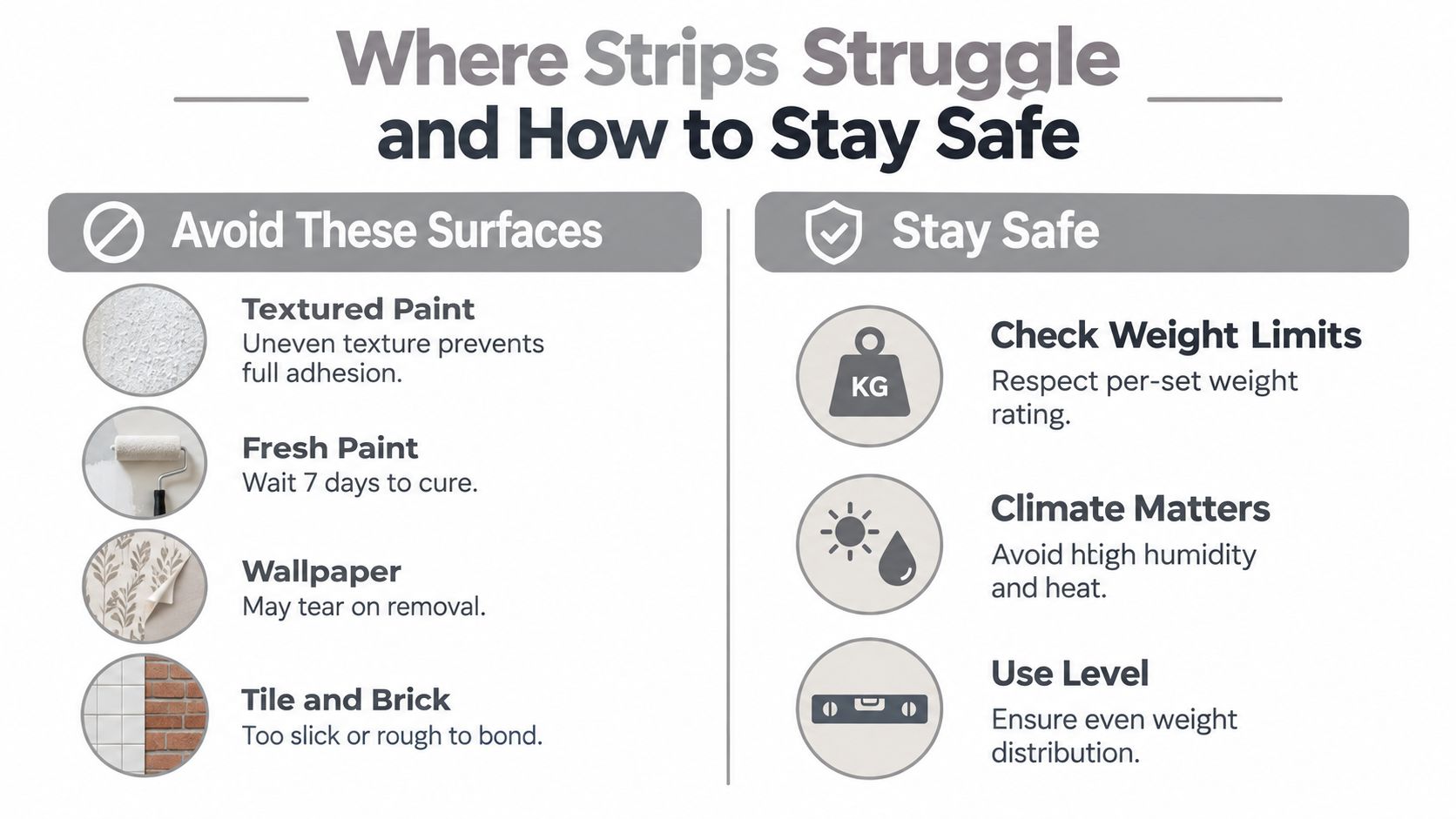 An infographic detailing surfaces to avoid for adhesive strips and tips for safe usage at home.
