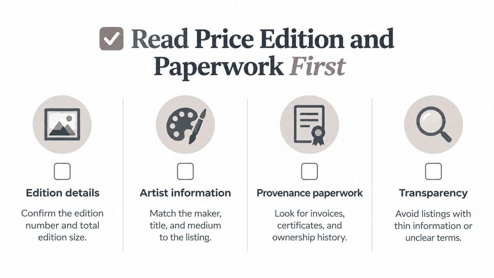 An infographic checklist for evaluating art for sale, covering edition details, artist information, provenance, and transparency.