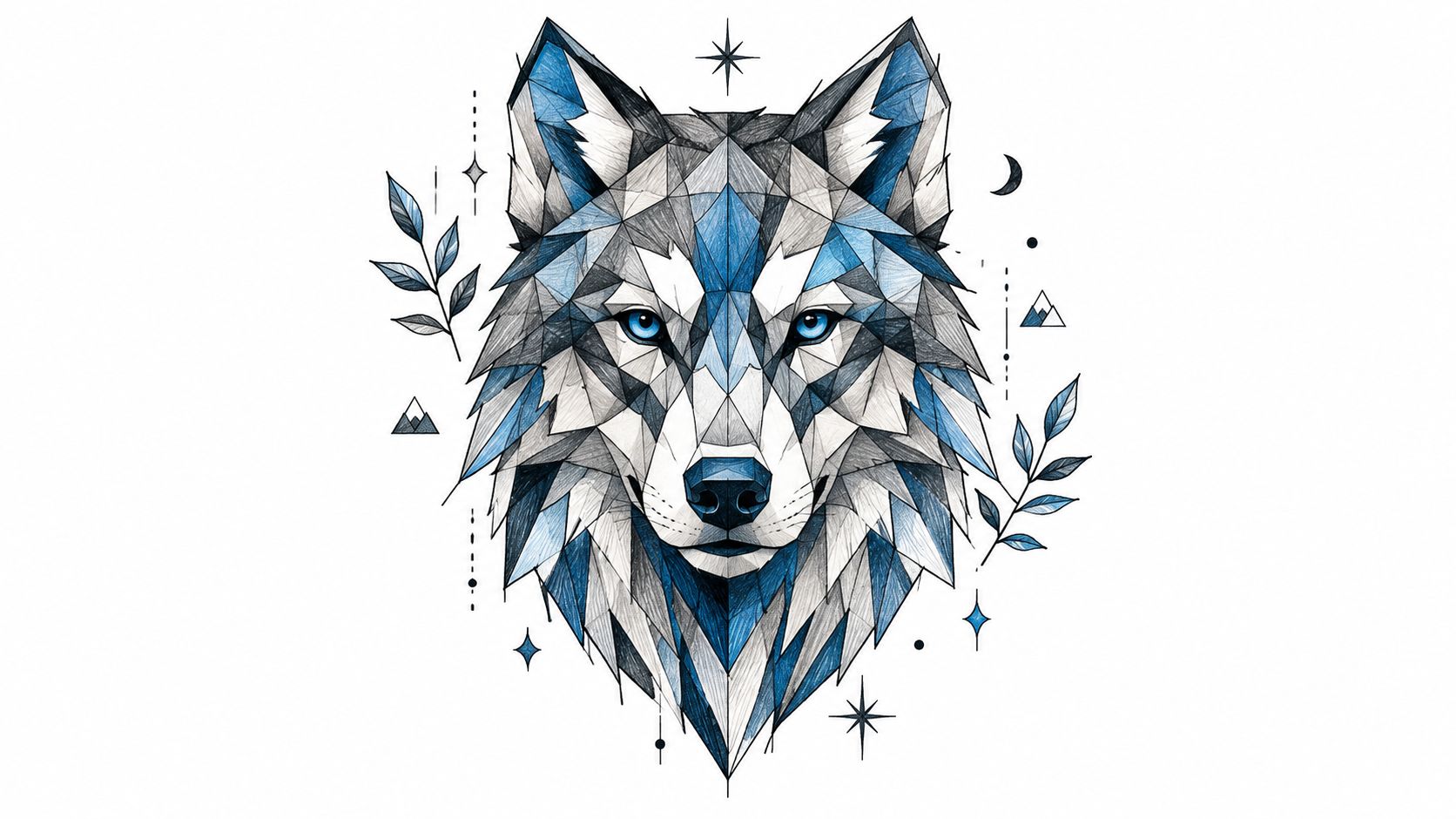 A detailed geometric wolf head illustration with blue and grey pencil sketch shading on white background