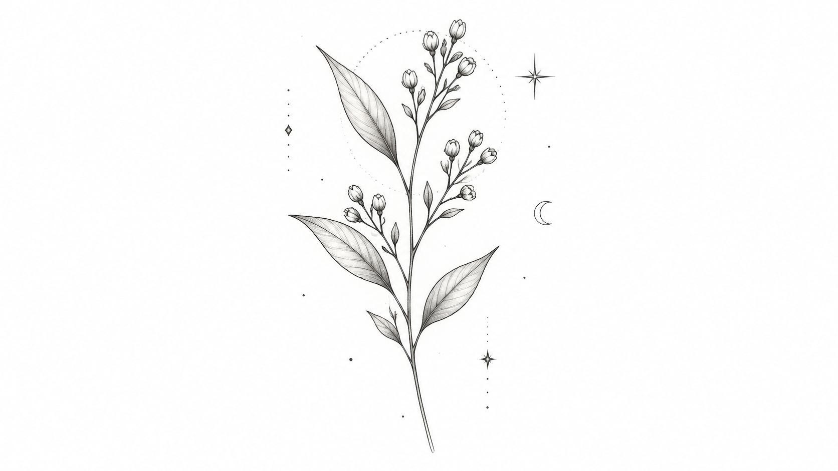 A minimalist black and white botanical line art illustration of a flowering plant with celestial symbols.