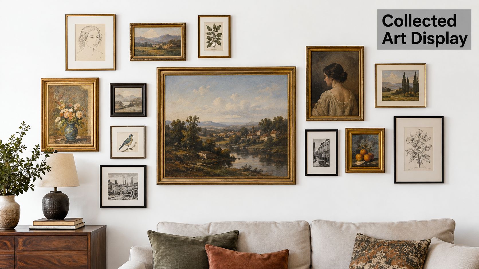 A gallery wall arrangement featuring diverse framed art prints above a beige sofa in a living room.