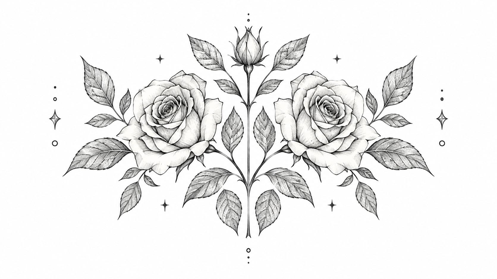 A detailed, symmetrical pencil sketch of two blooming roses and a central bud with decorative leaves and stars.