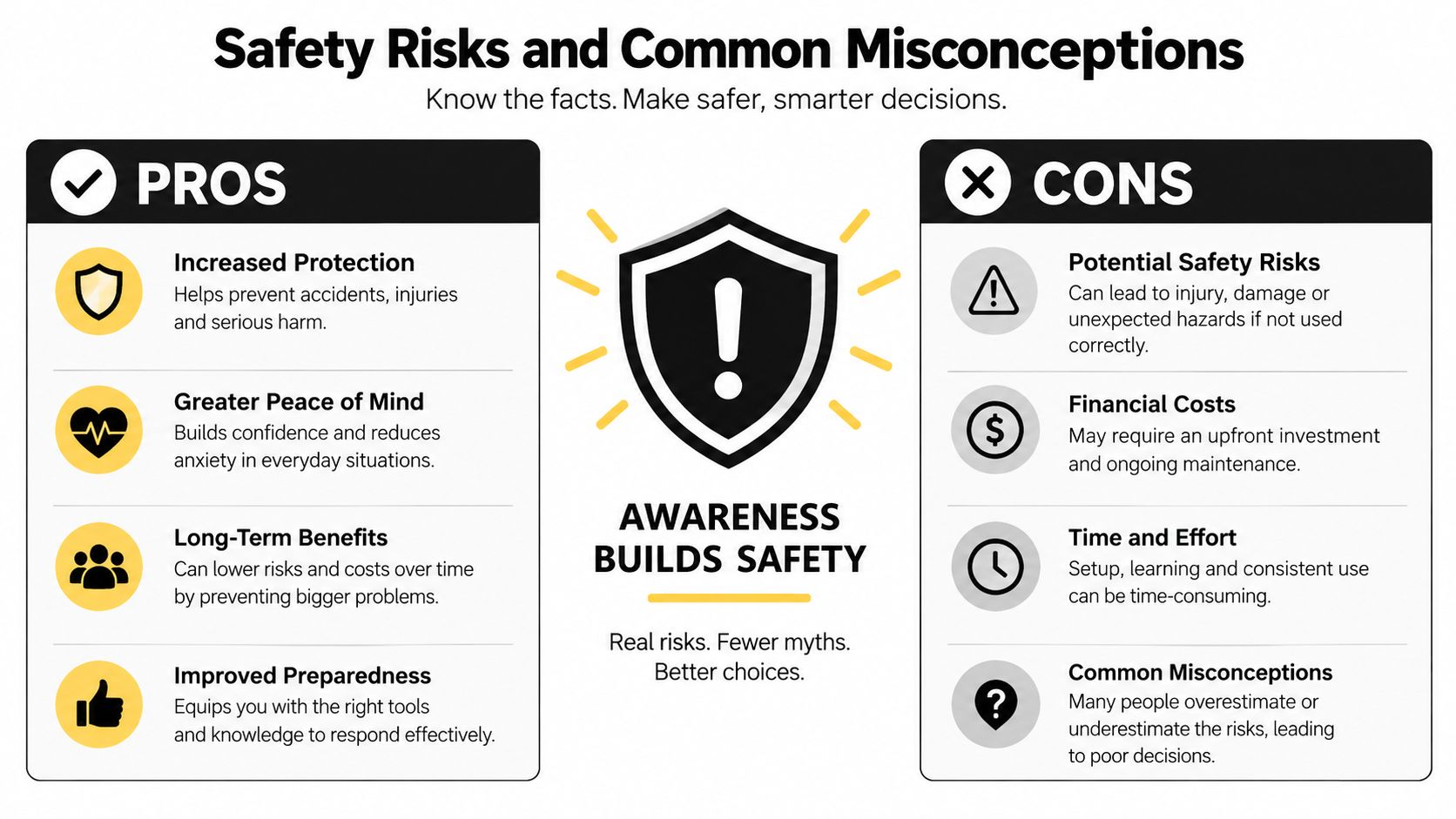 An infographic titled Safety Risks and Common Misconceptions highlighting the pros and cons of safety awareness.
