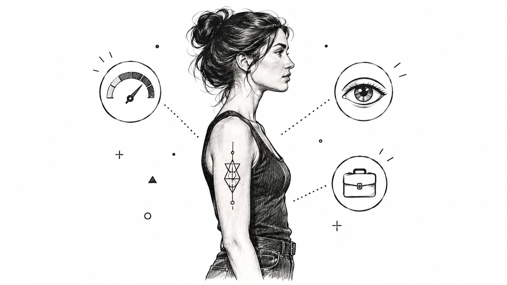 A black and white sketch of a woman showing tattoo placement ideas on her upper arm.