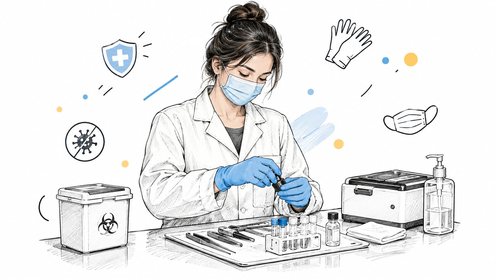 A professional scientist in a lab coat and mask handling medical test tubes in a laboratory setting.
