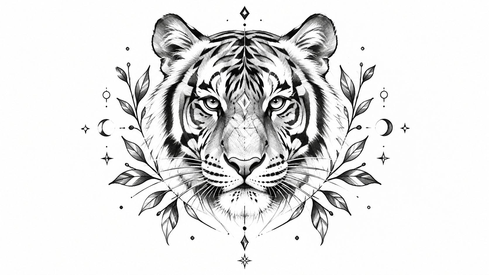 A detailed black and white tattoo illustration featuring a symmetrical tiger head surrounded by leaves and stars.