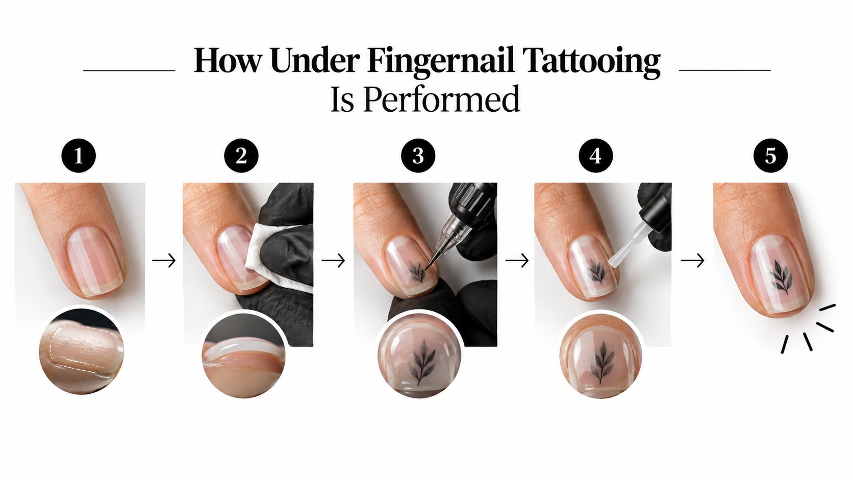 A five-step instructional guide illustrating the professional process of getting a tattoo under the fingernail.