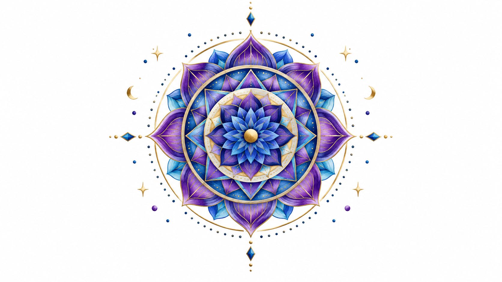 An intricate, circular mandala illustration with blue and purple layered floral petals and golden geometric accents.