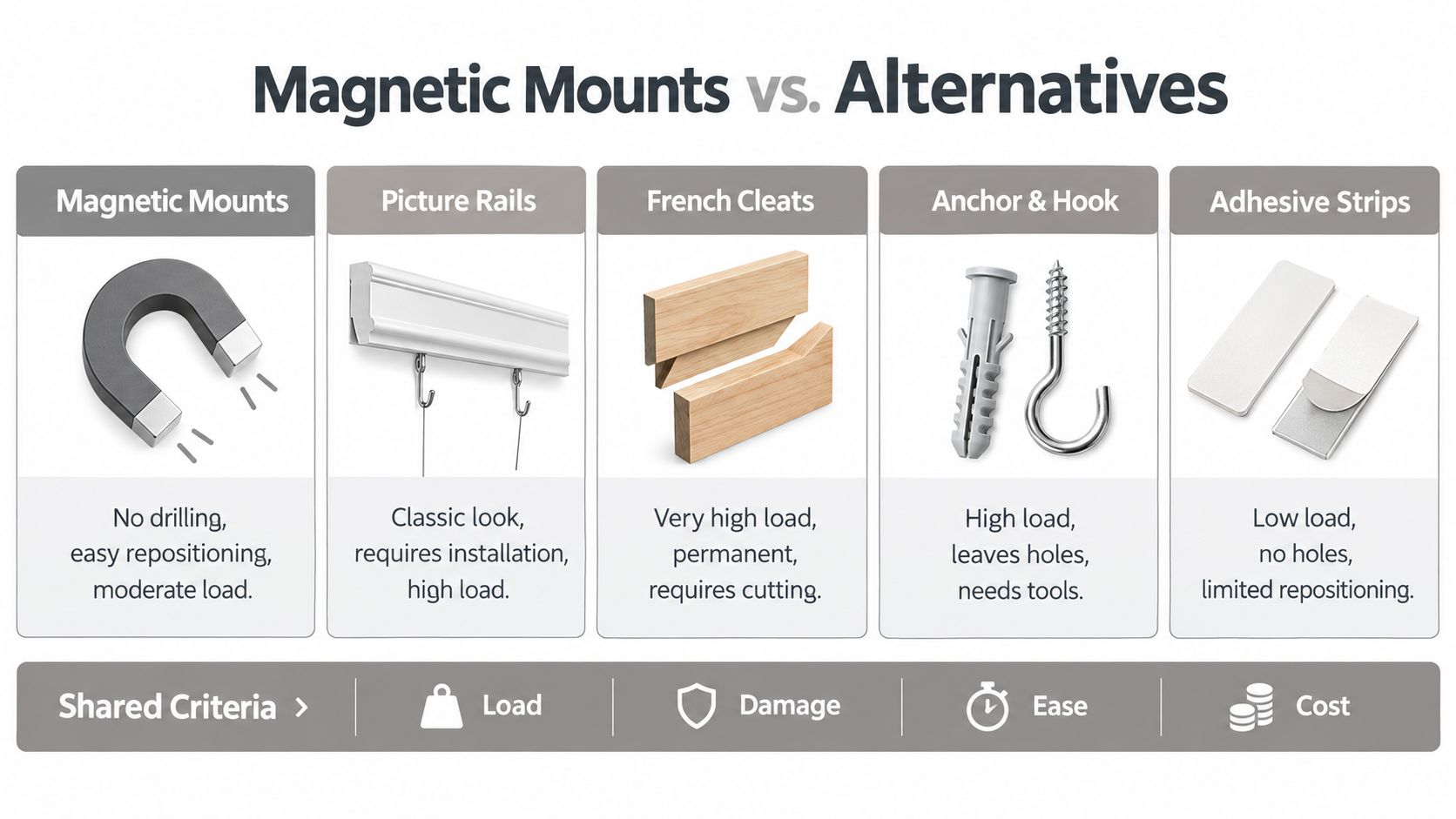 A comparison chart showing magnetic mounts versus various alternatives like picture rails, French cleats, hooks, and adhesive strips.