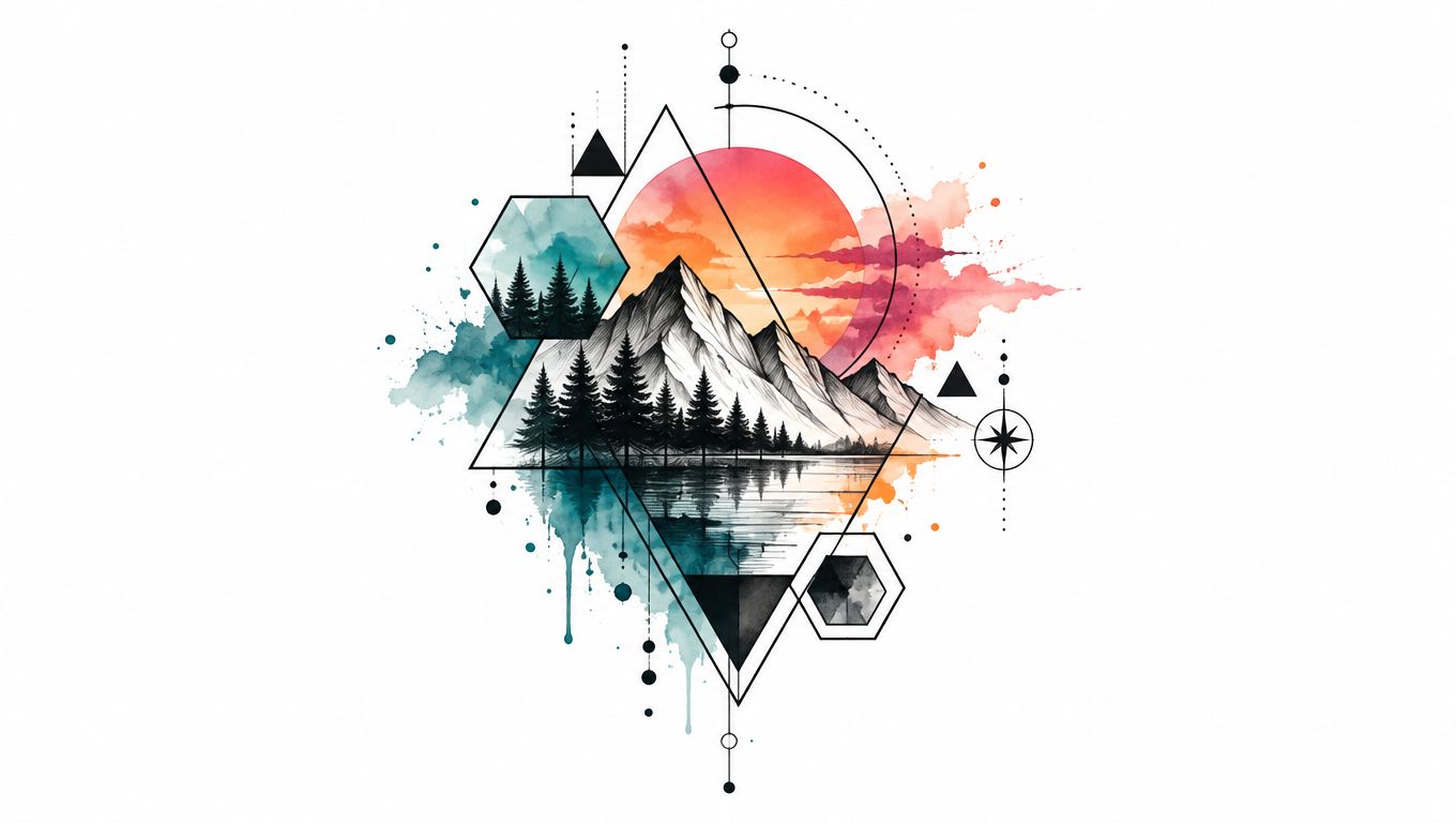 A creative geometric tattoo design featuring detailed mountains, pine trees, and colorful watercolor splashes against a white background.