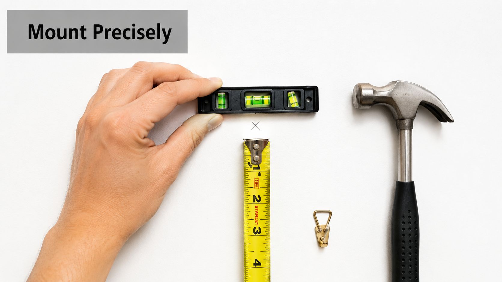 A hand using a spirit level and measuring tape to precisely mark a spot for mounting art.