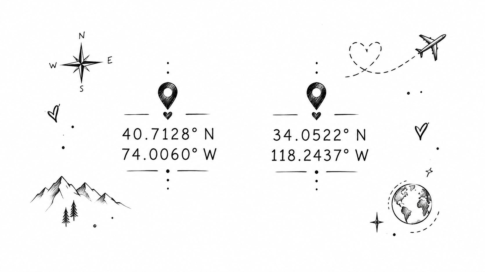 Line art tattoo design featuring map coordinates for New York and Los Angeles with travel elements.