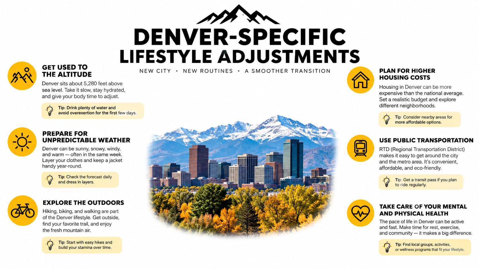 An infographic titled Denver-Specific Lifestyle Adjustments providing helpful tips for newcomers moving to Denver, Colorado.
