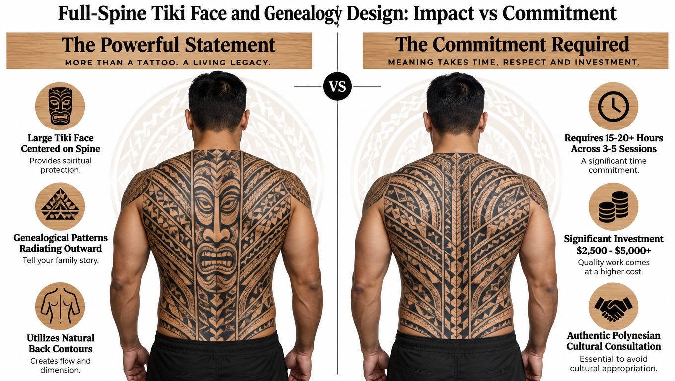 An infographic comparing the impact and commitment of a Polynesian full-spine Tiki tattoo design on a man.