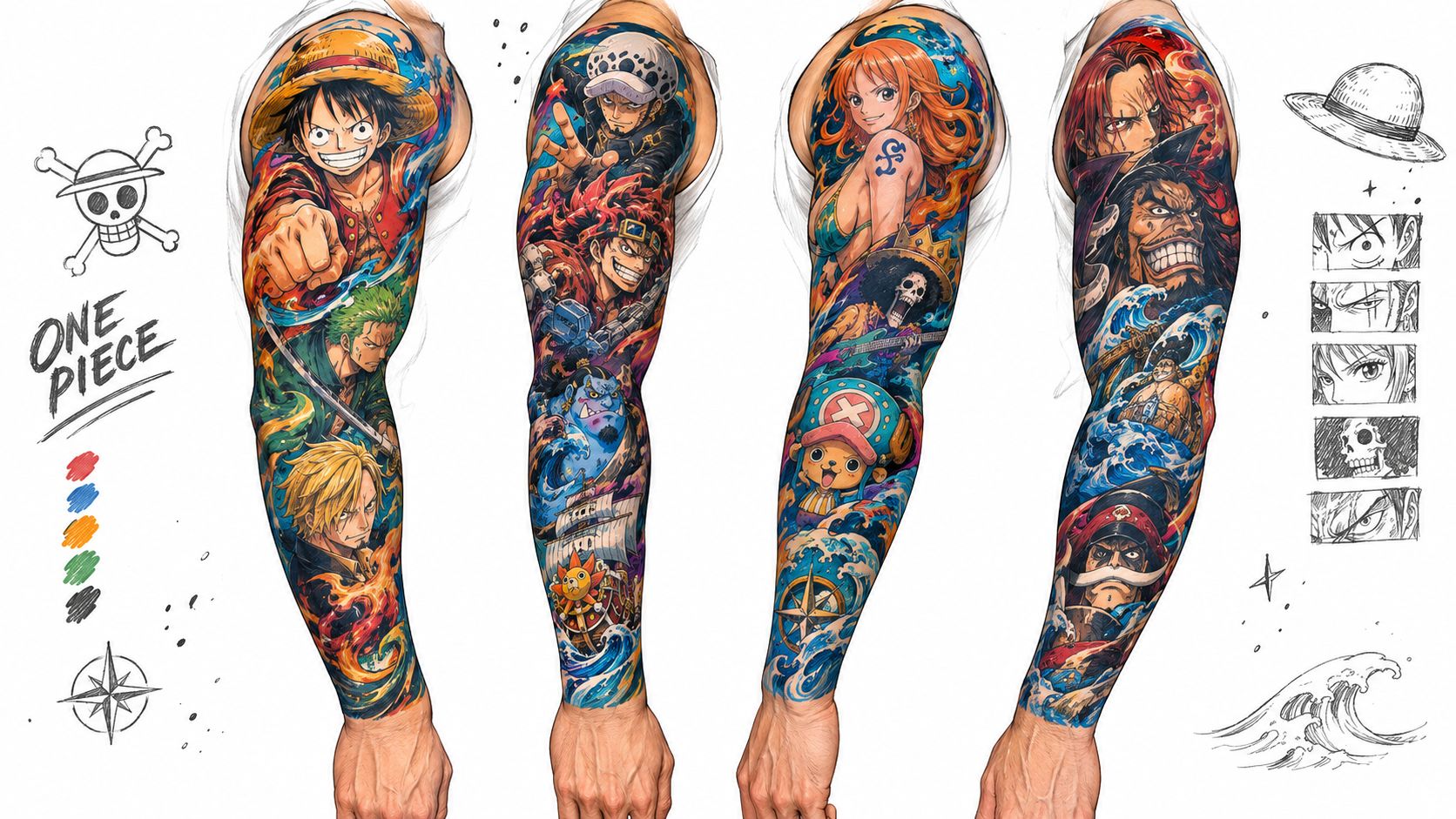 A detailed full-sleeve tattoo design featuring various One Piece anime characters on different arm angles.
