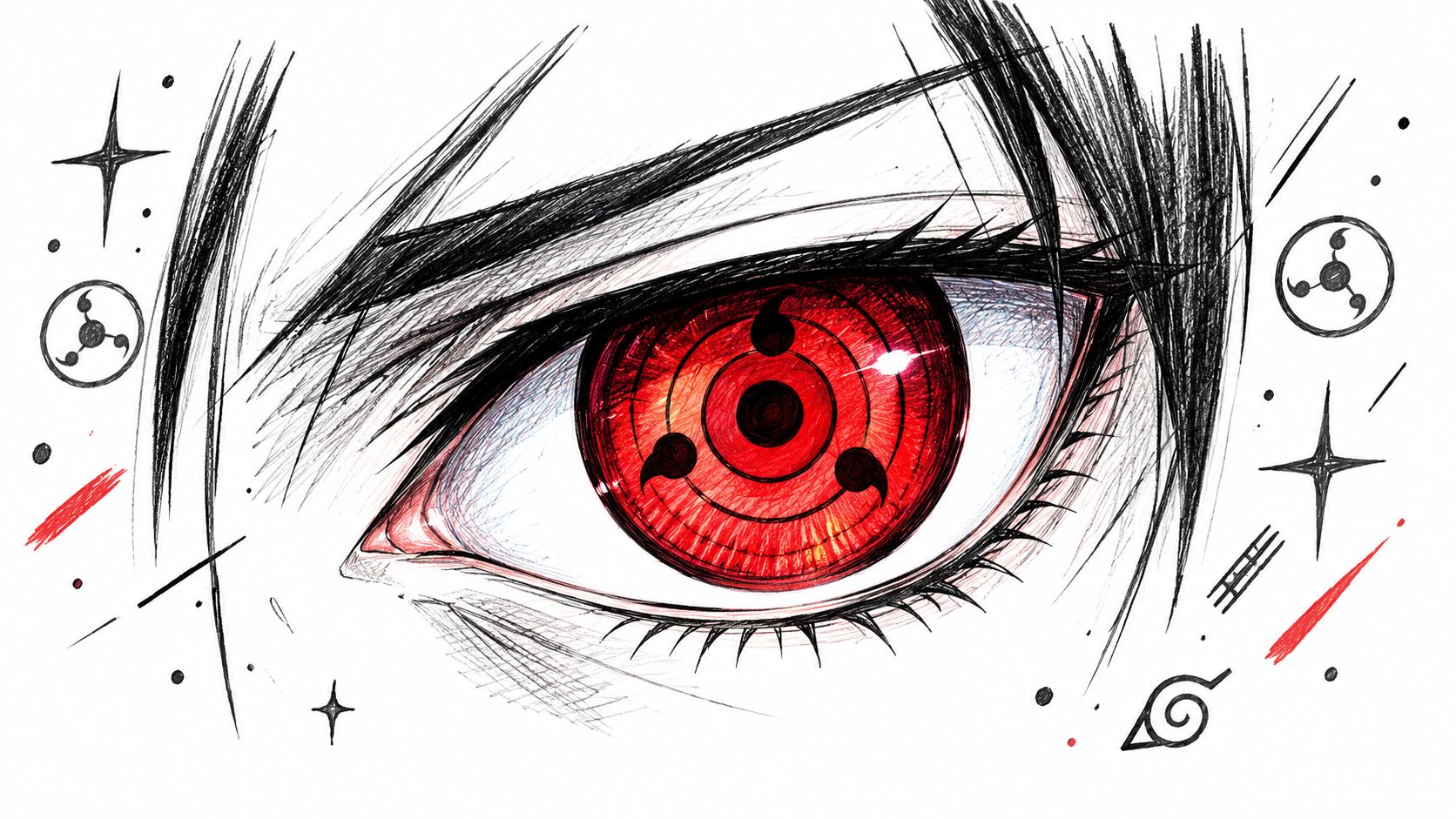 A detailed pencil sketch of an Uchiha Sharingan eye from Naruto with decorative symbols and stars.