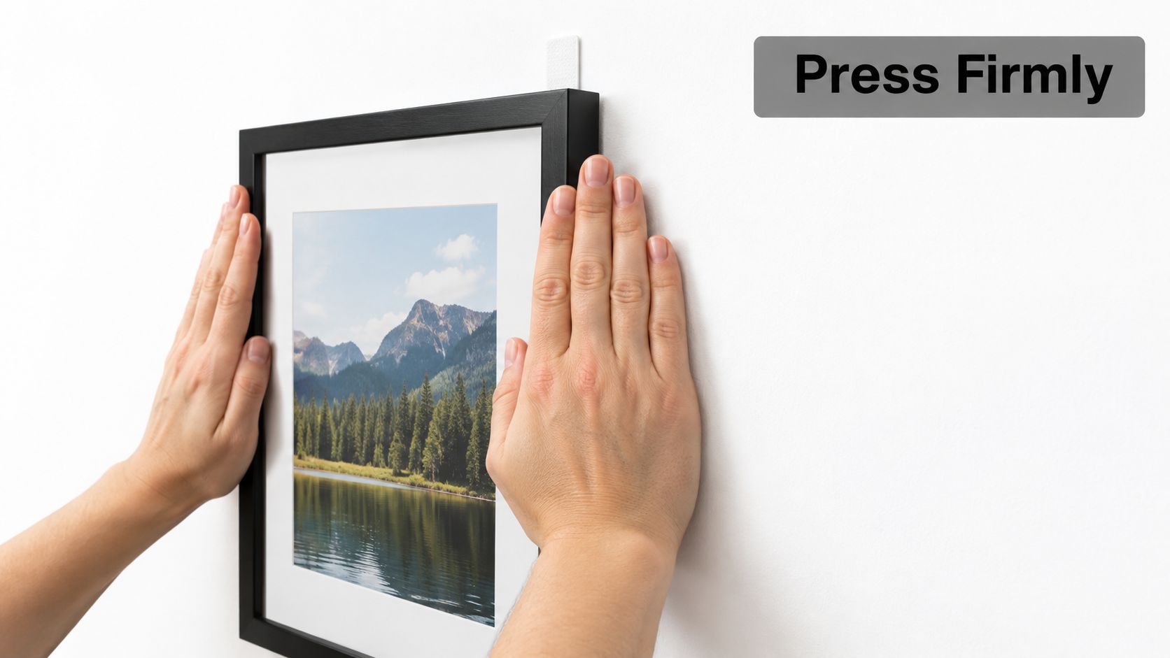 A person using adhesive tape to mount a framed picture on a clean white wall.