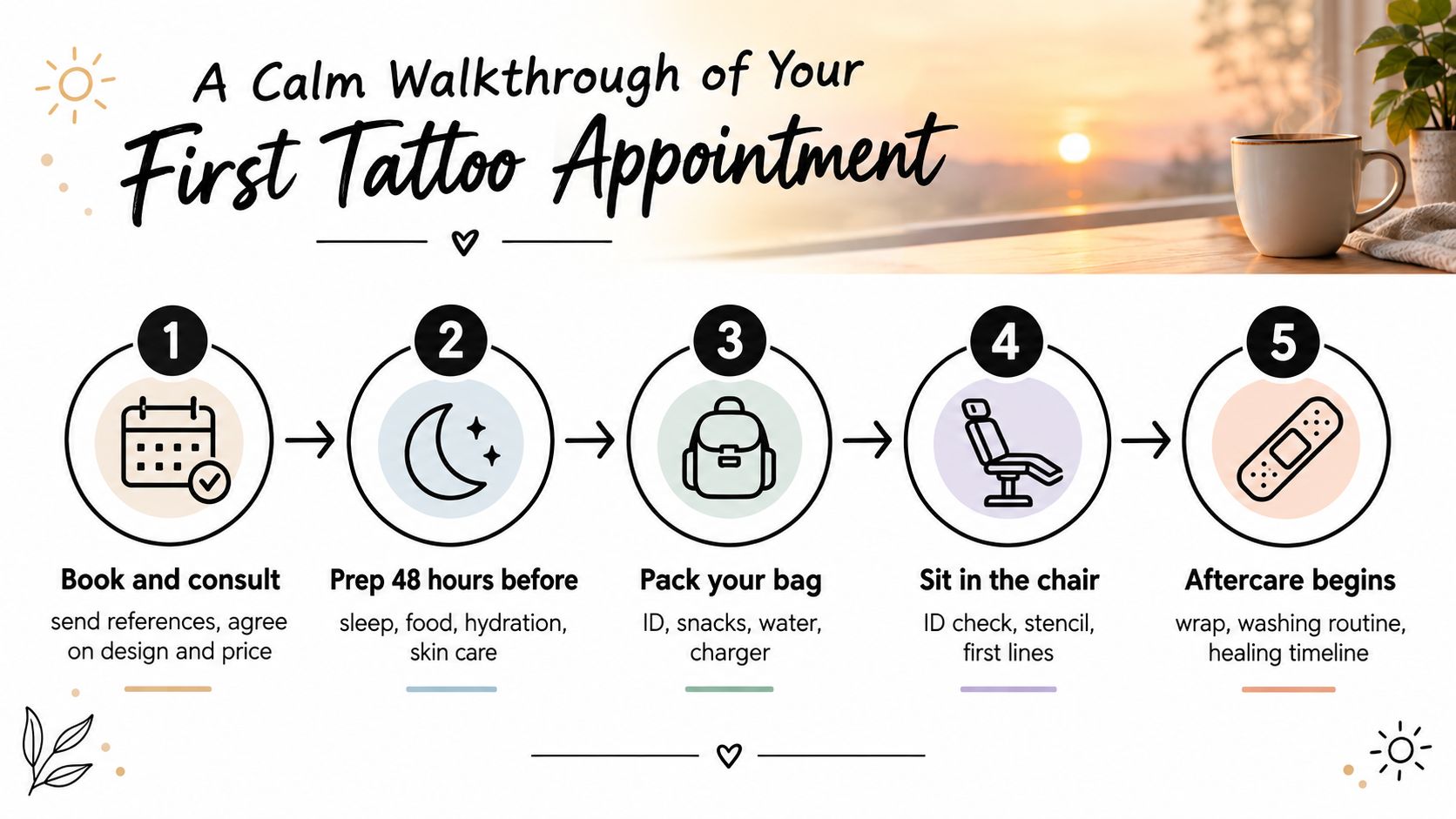 A calm, step-by-step infographic guide for preparing for your first tattoo appointment, from booking to aftercare.