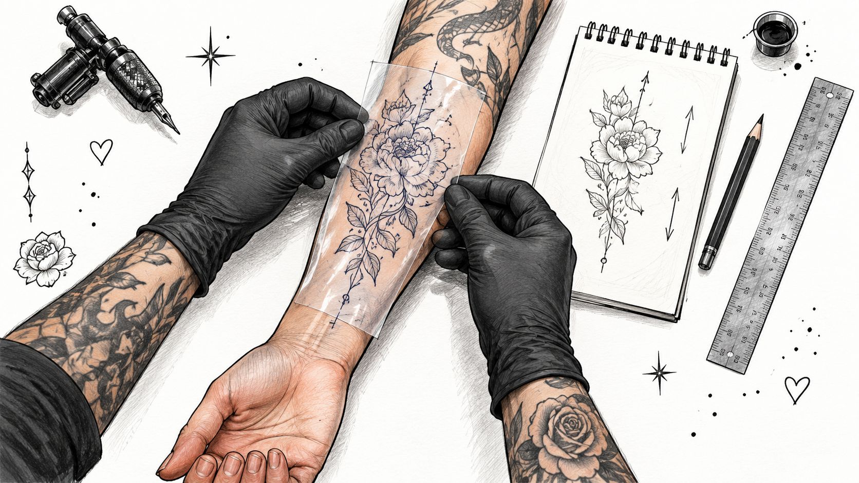 A tattoo artist applying a floral design stencil onto a client's forearm with black gloves.