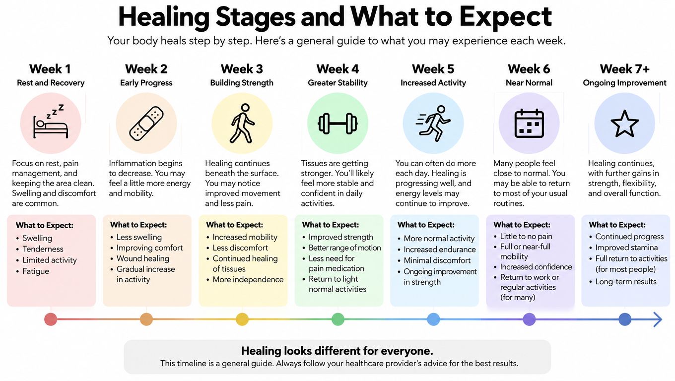 An infographic showing a seven-week timeline of healing stages, including key expectations for each phase of recovery.