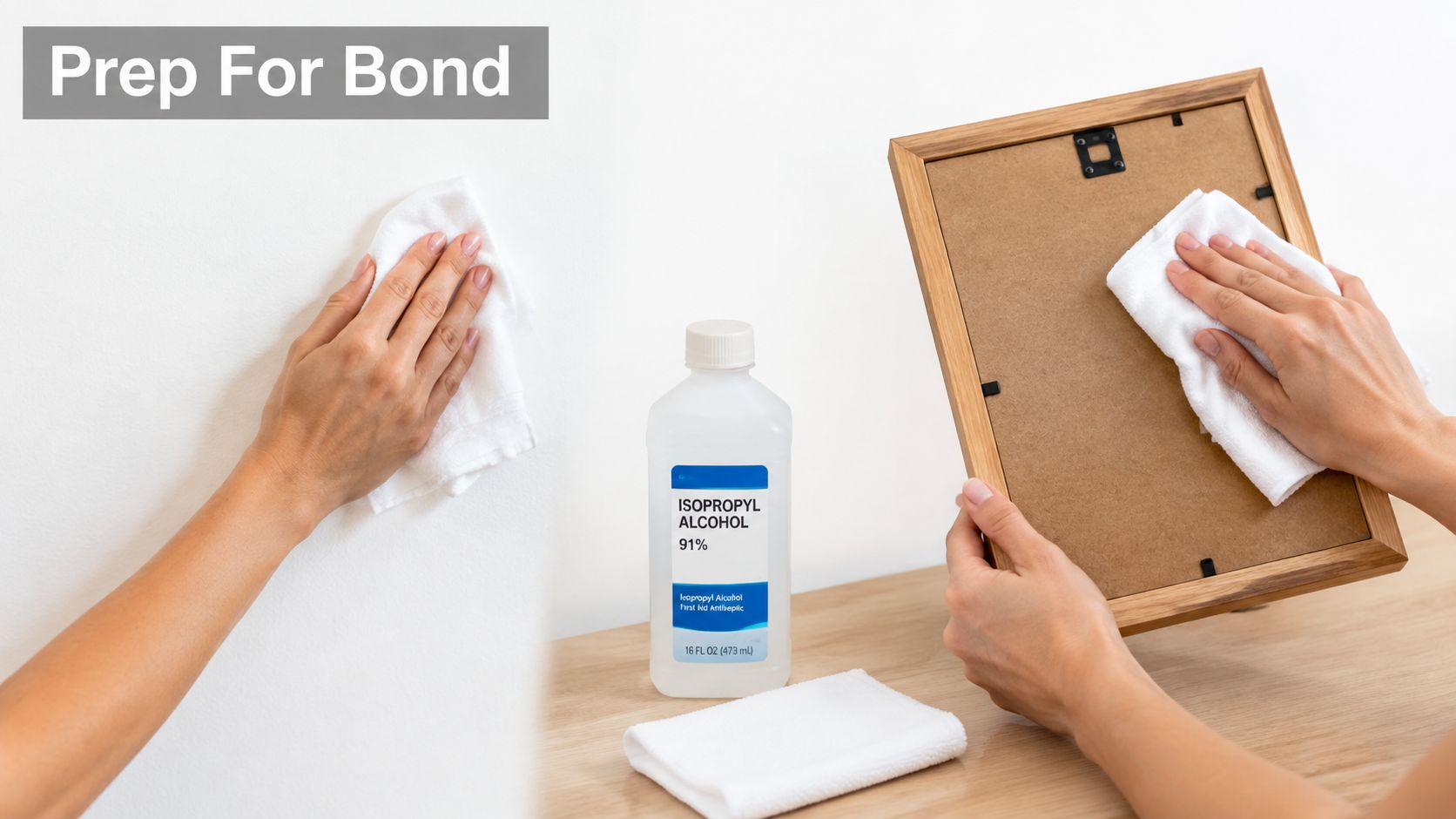 A person cleaning a white wall and a picture frame with isopropyl alcohol using white cloths.