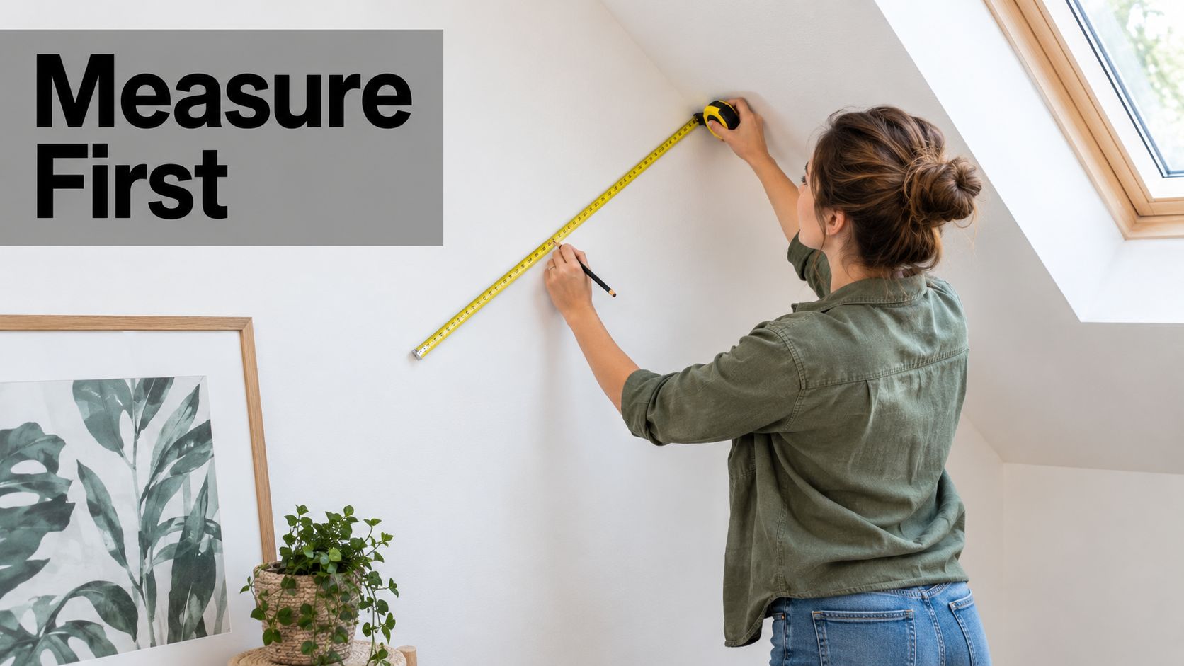 A woman measuring a slanted attic wall with a yellow tape measure to hang pictures.