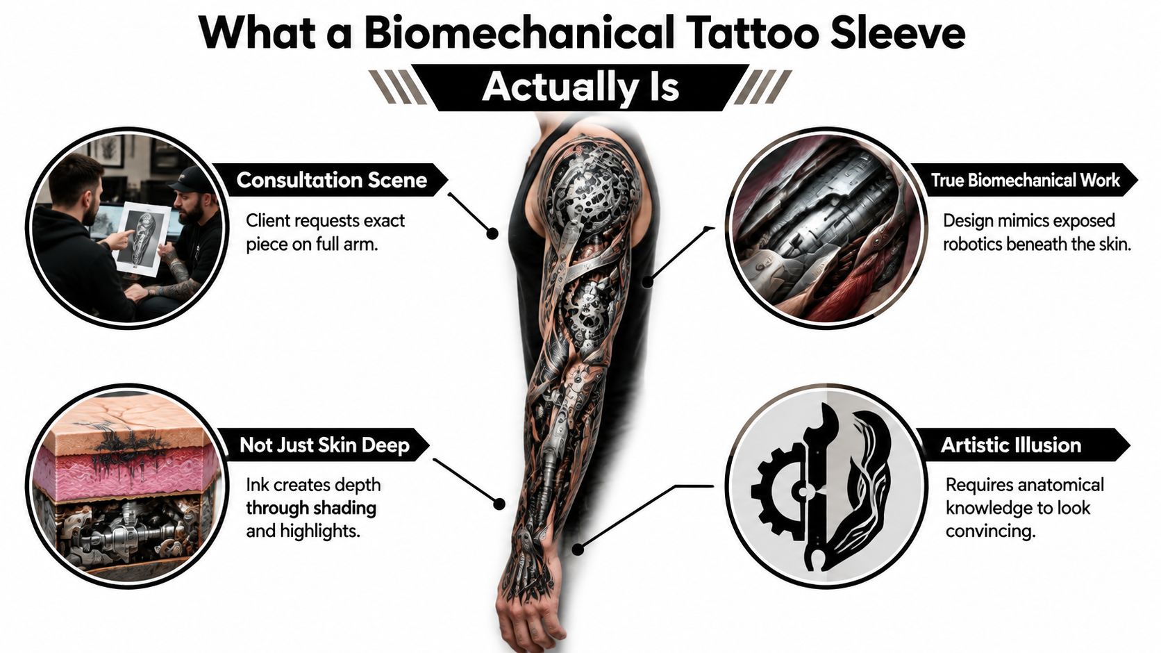 A diagram explaining biomechanical tattoo sleeves, featuring an arm illustration and examples of tattoo design processes.