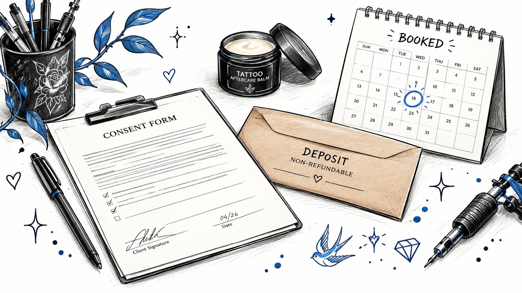 A desk with tattoo essentials including a consent form, non-refundable deposit envelope, aftercare balm, and appointment calendar.