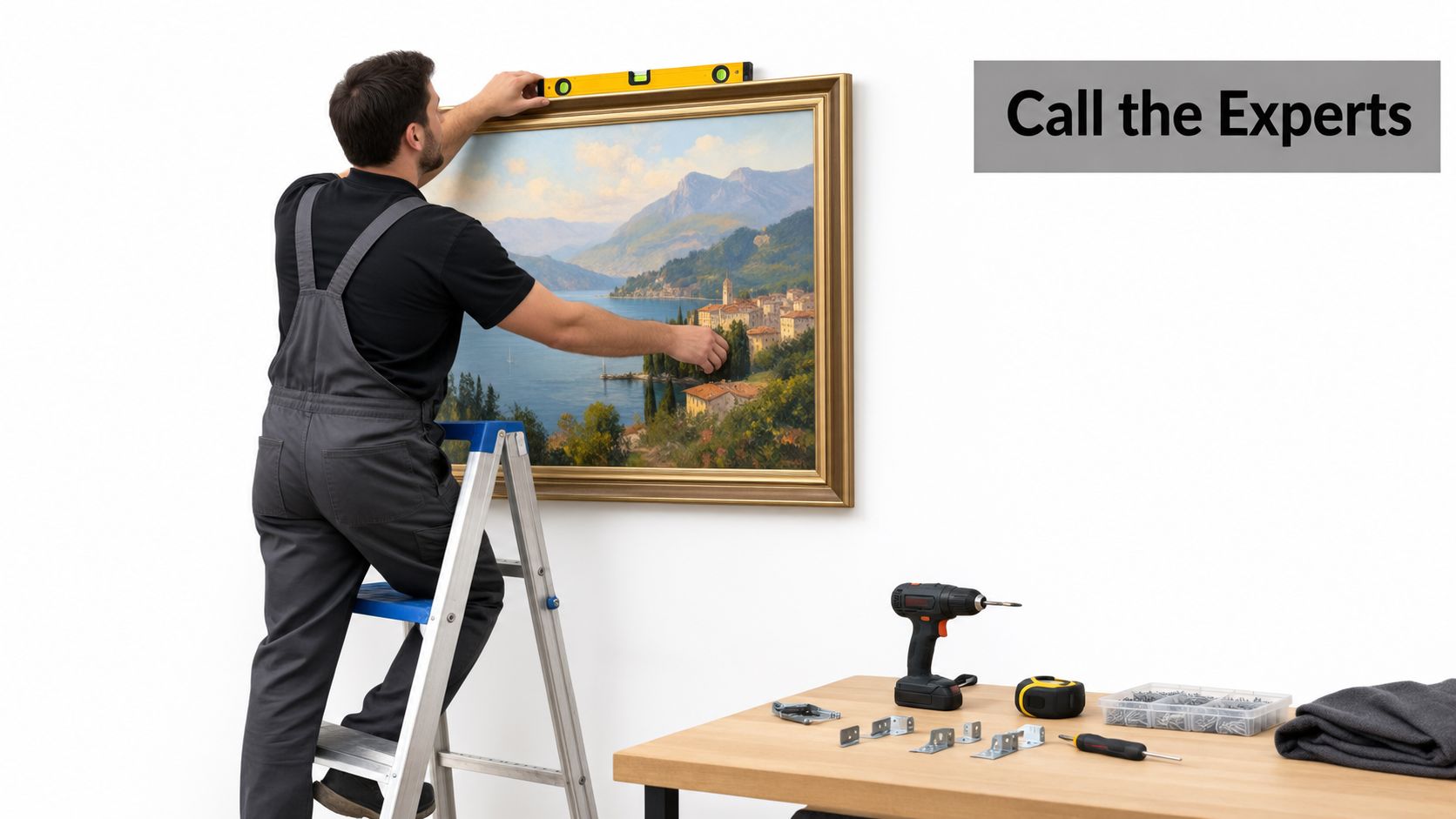 A professional tradesman on a stepladder leveling a framed painting on a white wall.
