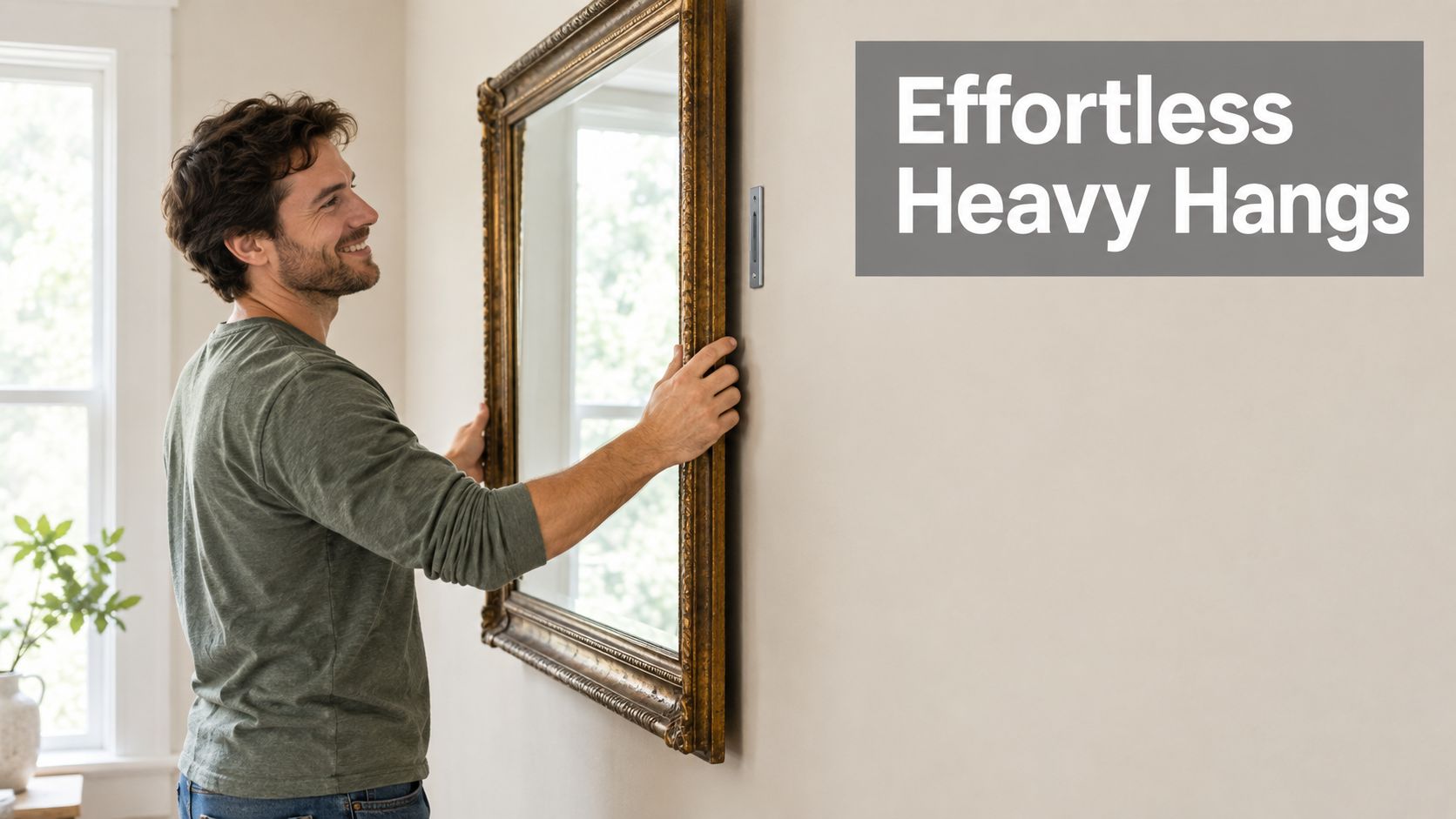 A smiling man carefully installs a large ornate gold-framed mirror onto a wall using a hanging cleat.