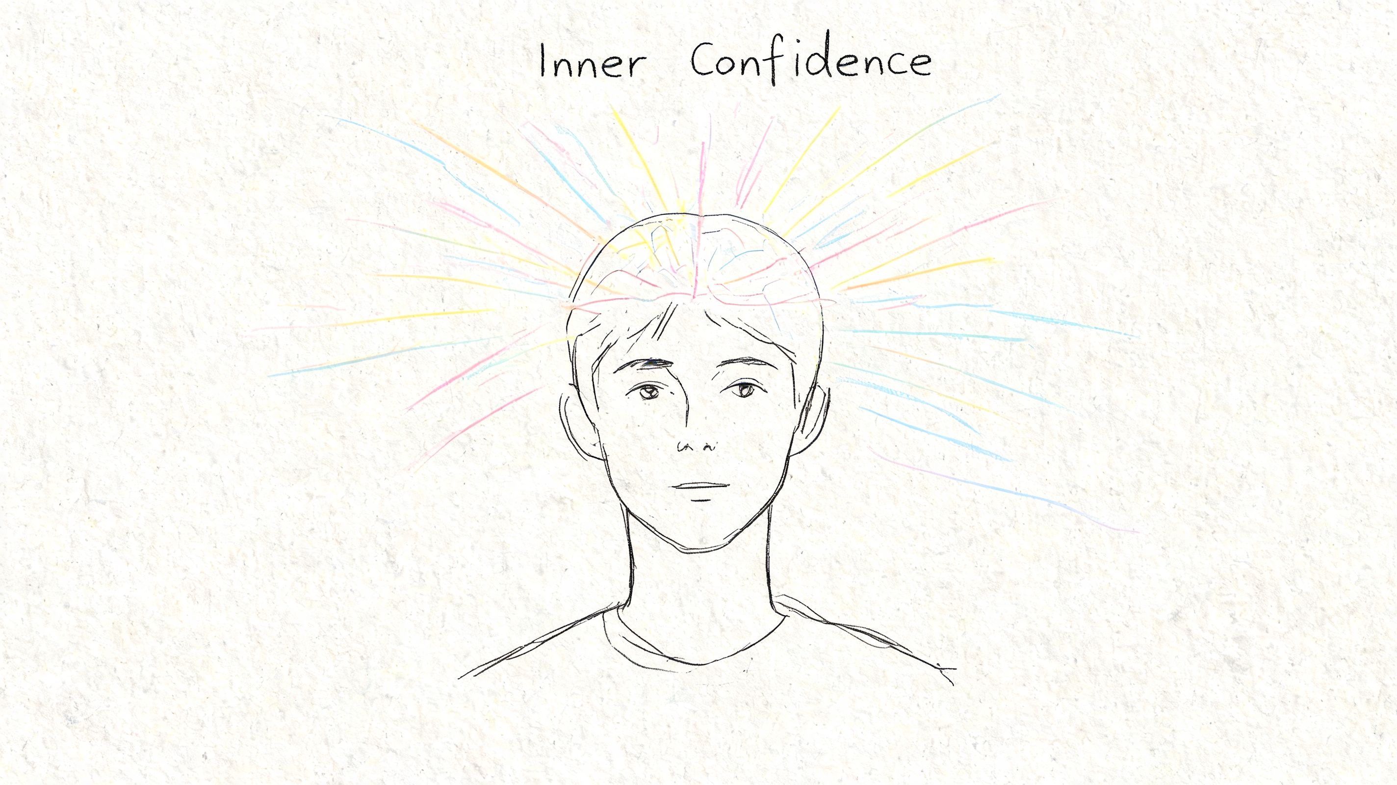 A simple sketch of a person's head with colorful light rays emanating from their mind.