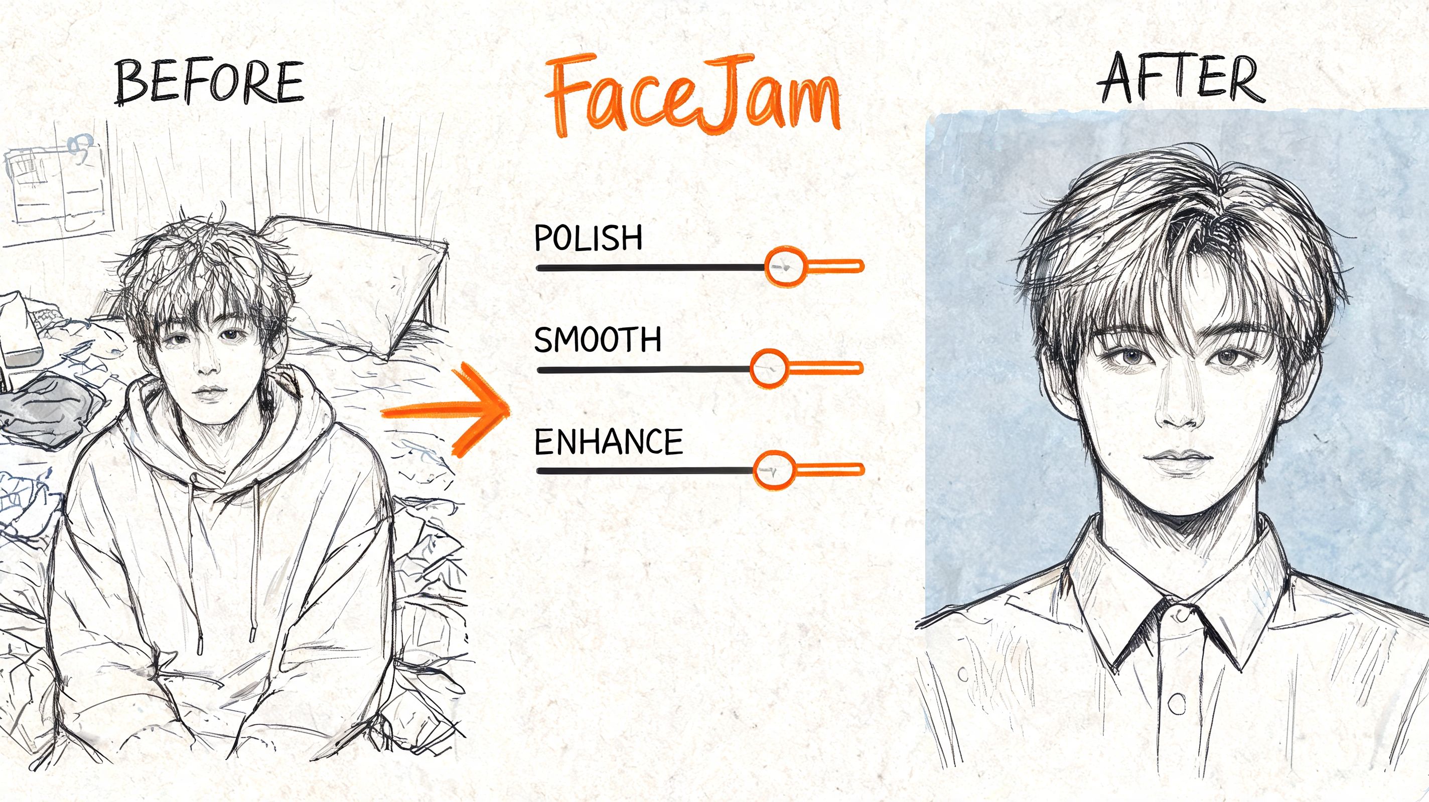 A digital image editing interface showcasing a before and after comparison of a sketch portrait transformation.
