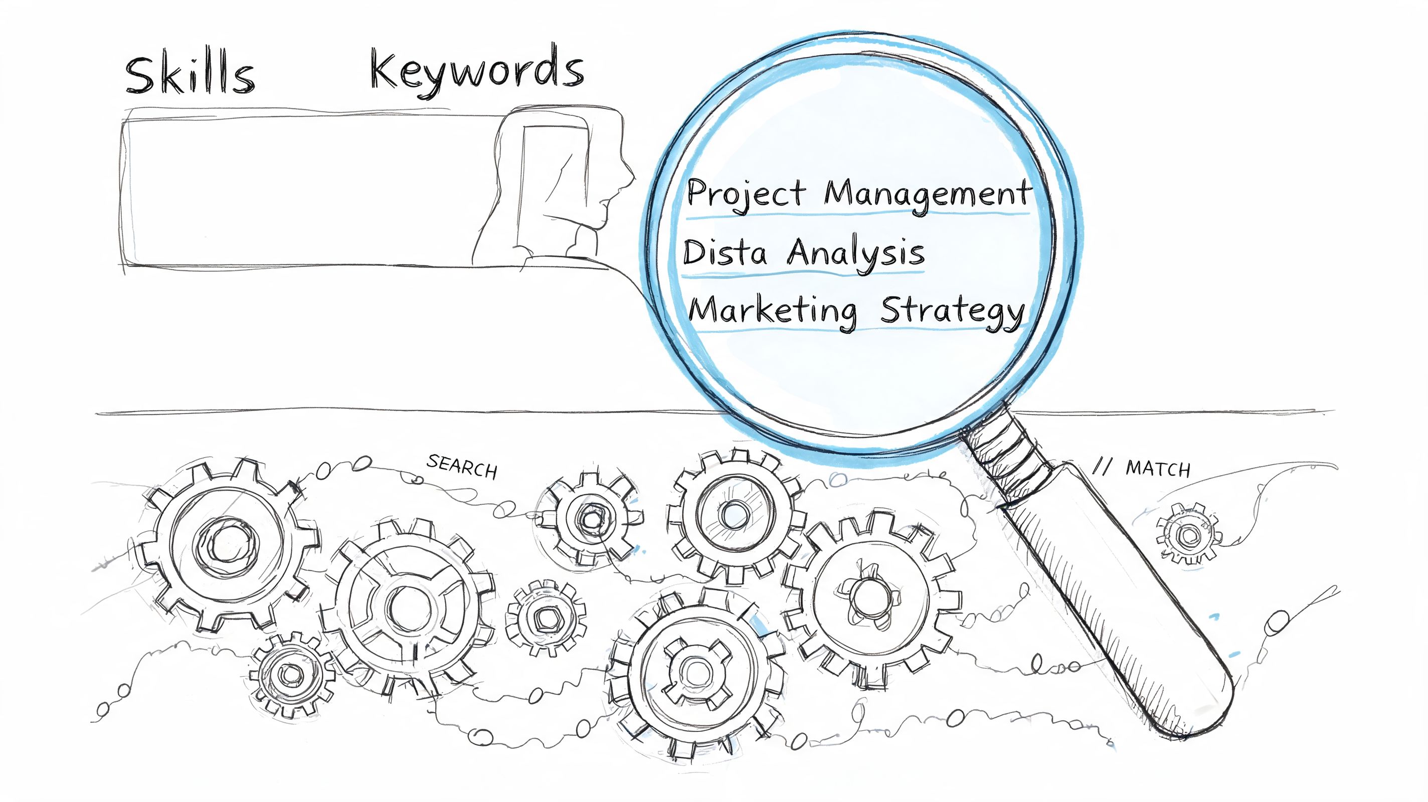 A conceptual sketch illustrating the process of matching professional skills with job search keywords using a magnifying glass.