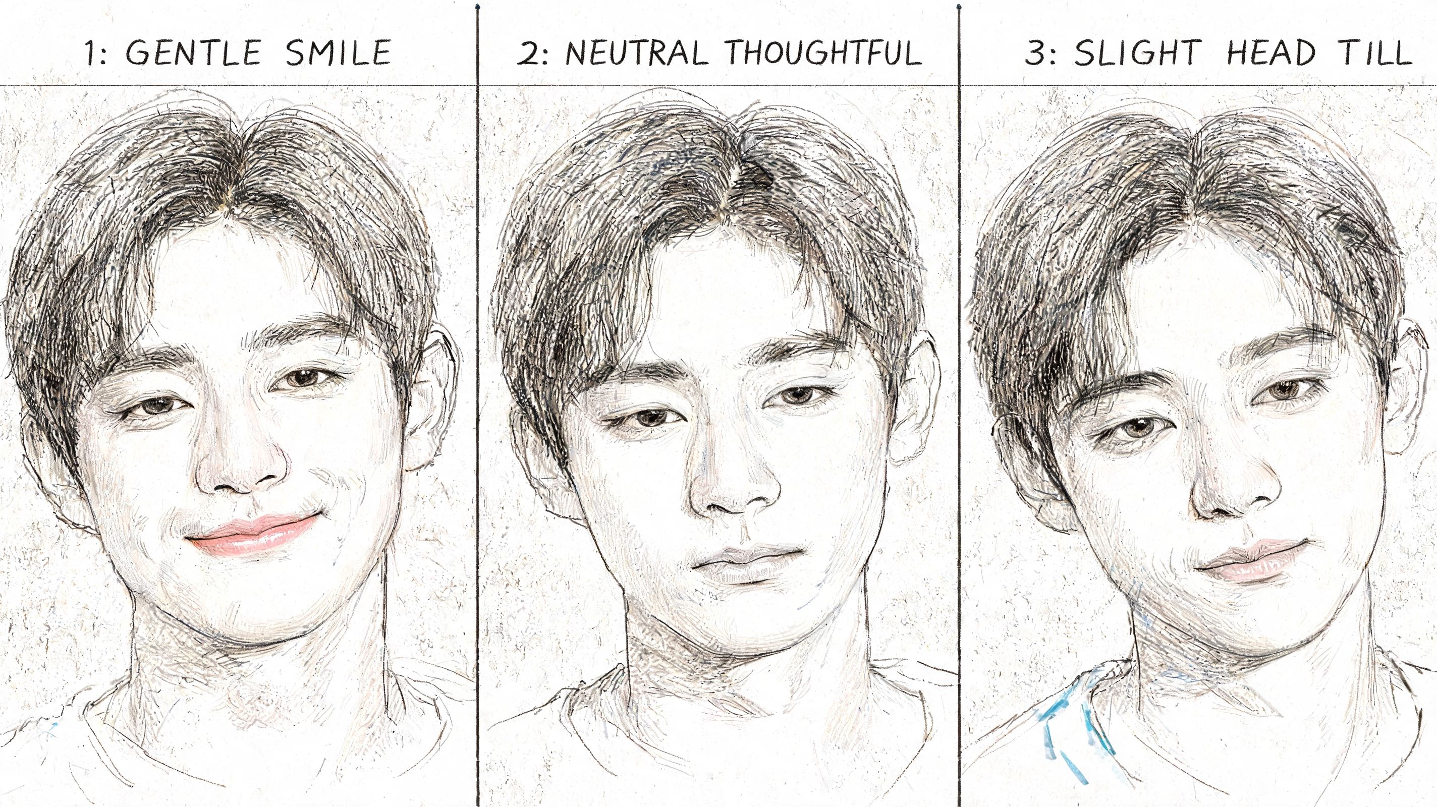 A sketched illustration showing three facial expressions titled gentle smile, neutral thoughtful, and slight head tilt.