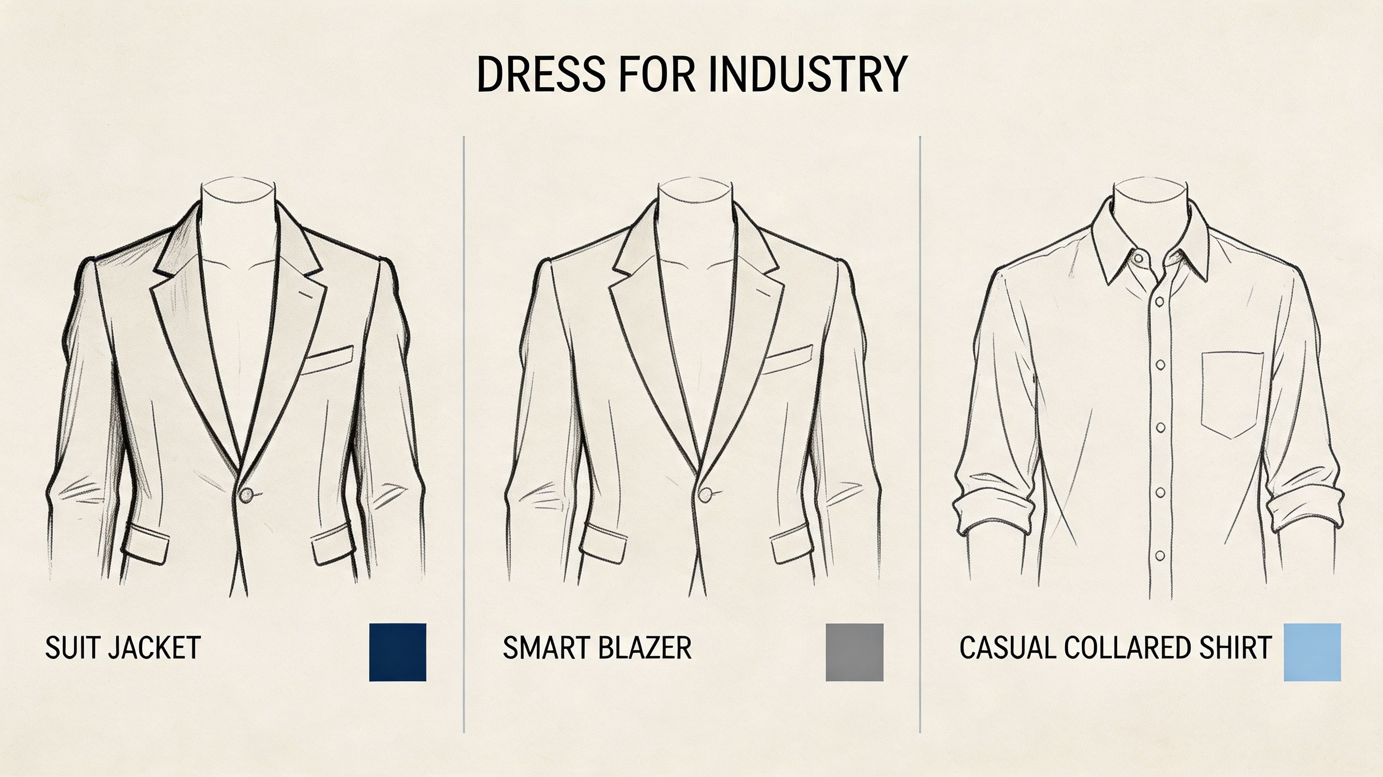 Three clothing options for professional profiles: a suit jacket, a smart blazer, and a casual collared shirt.