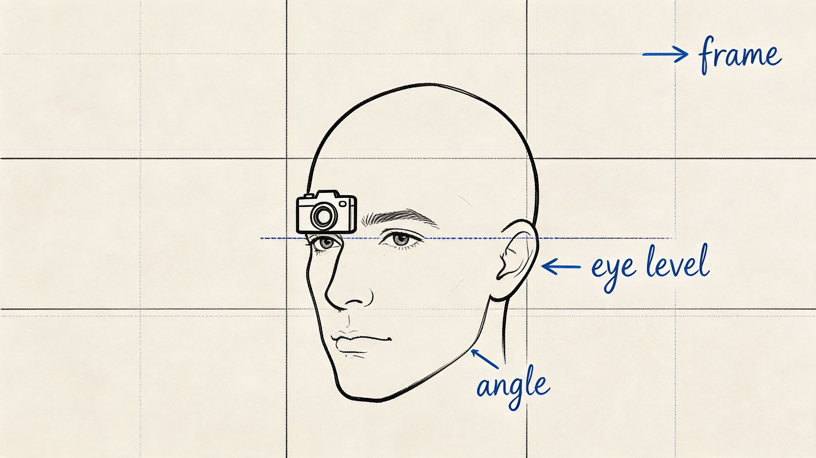A diagram demonstrating optimal camera angle and eye level for a professional headshot or profile photo.