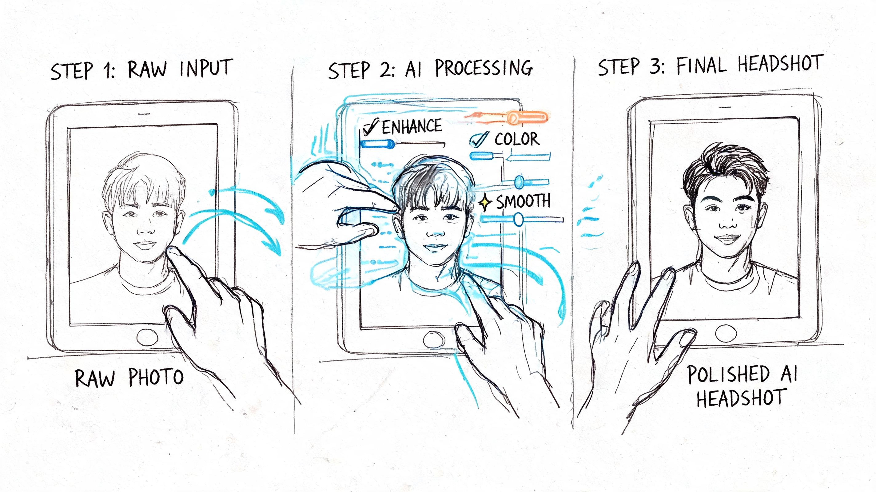 A hand-drawn illustration showing three steps for transforming a raw portrait into a polished AI headshot.
