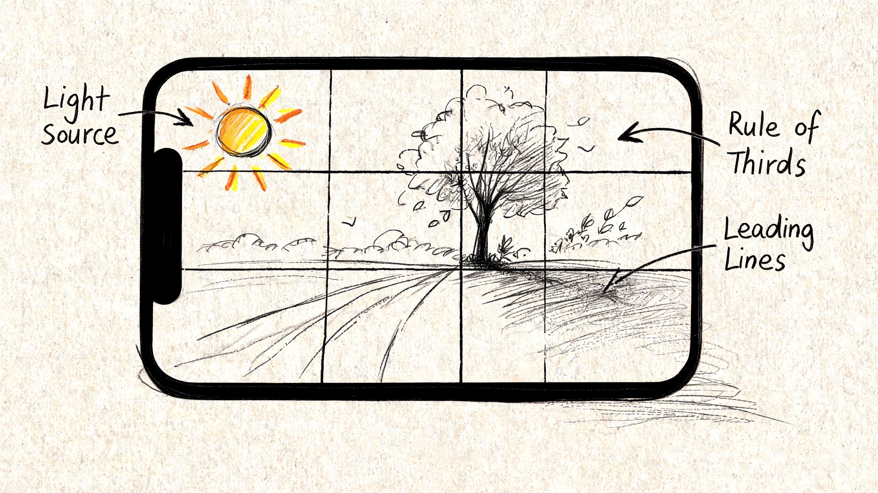 A digital sketch of a smartphone screen showing photography composition tips like rule of thirds and leading lines.