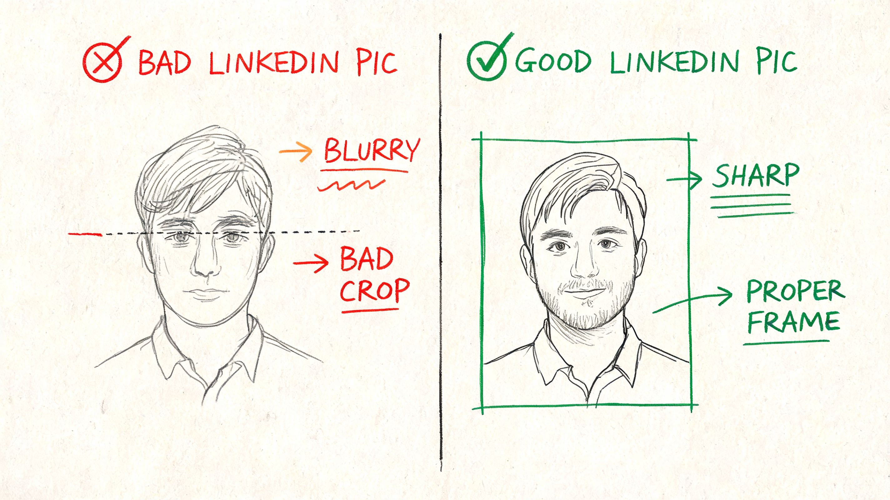A comparison sketch showing common mistakes and best practices for creating a professional LinkedIn profile picture.
