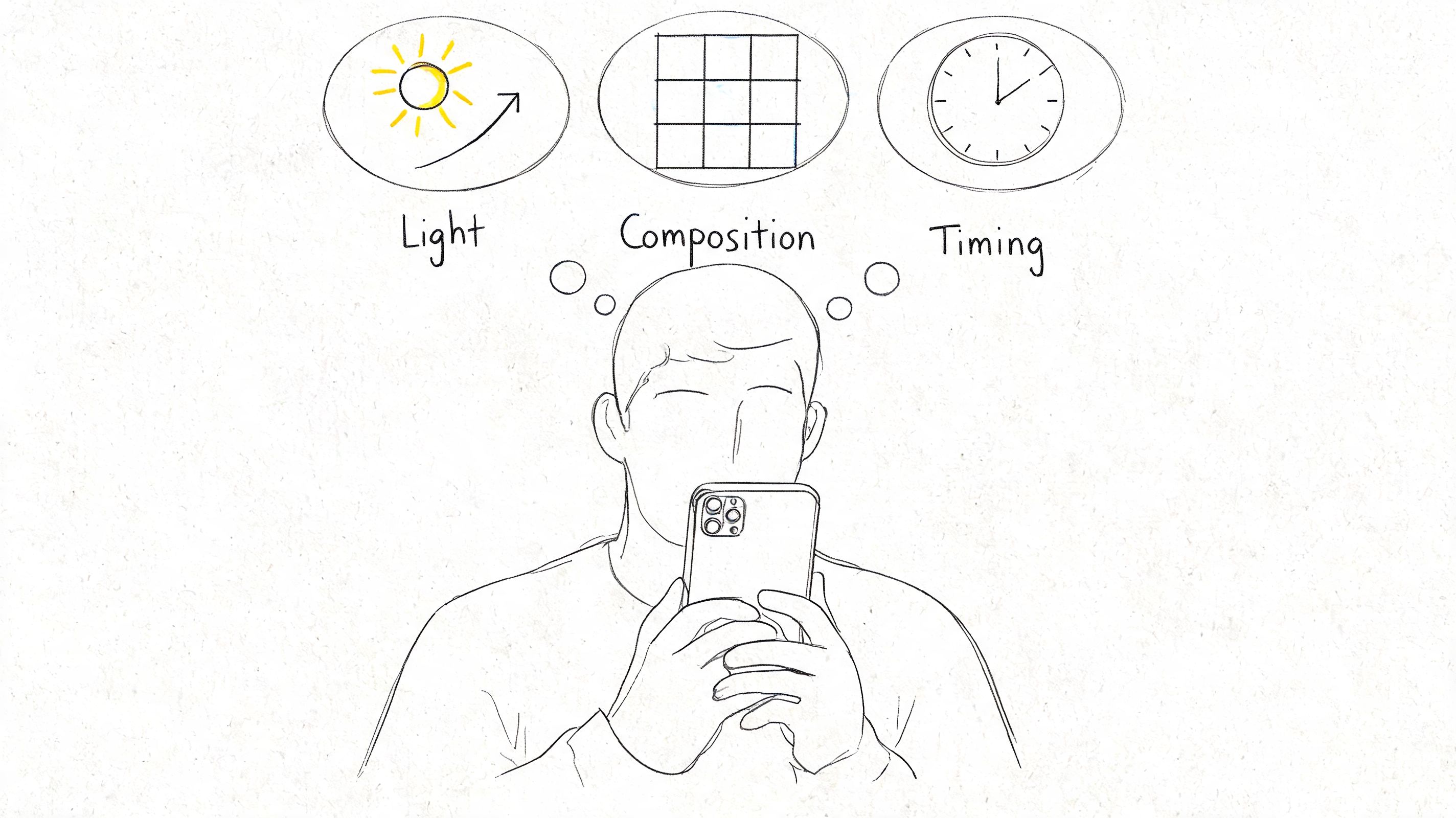 A line drawing illustration showing a person holding a phone and considering light, composition, and timing.