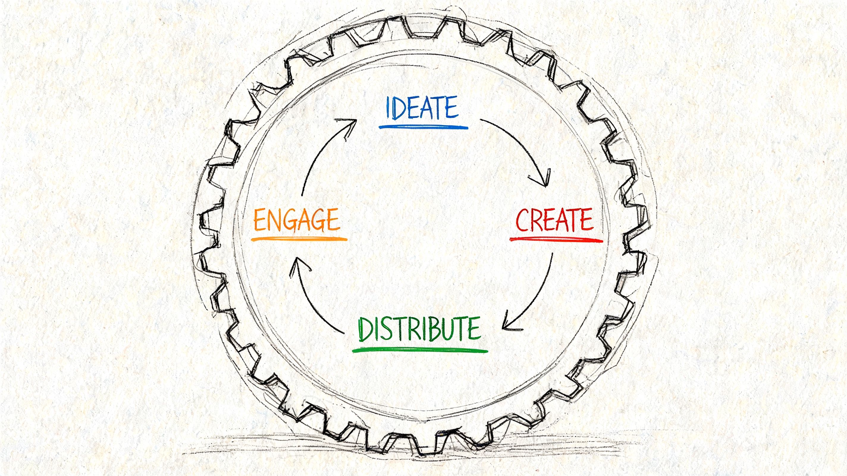 A hand-drawn sketch of a gear illustration representing a four-step cycle: ideate, create, distribute, and engage.