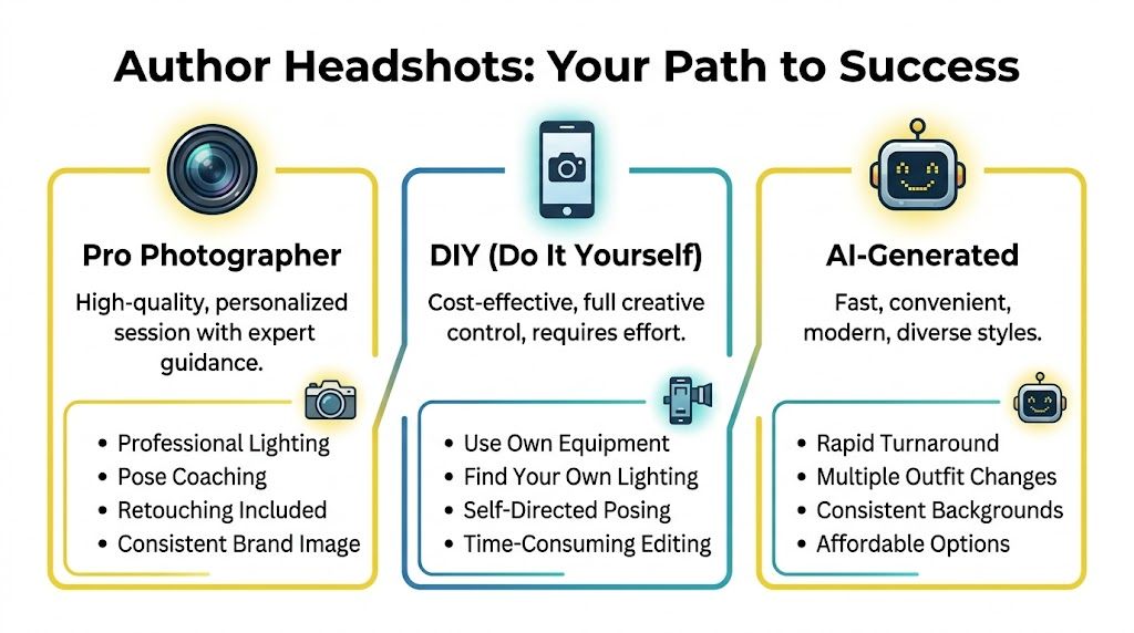 A comparison chart showing three methods for creating author headshots: professional photographers, DIY photography, and AI-generated imagery.
