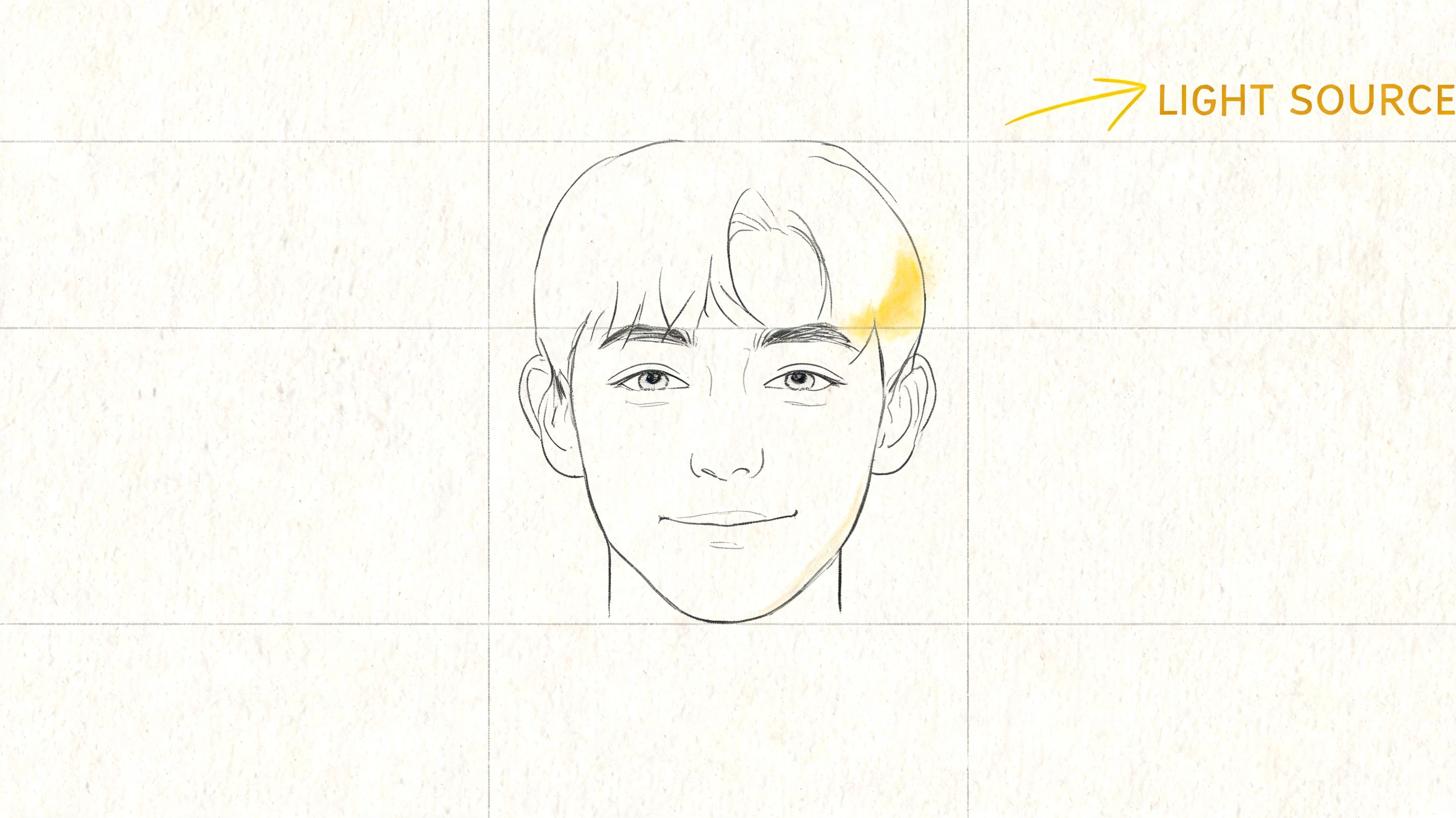 A line art drawing of a man face for portrait study with a light source indicator.