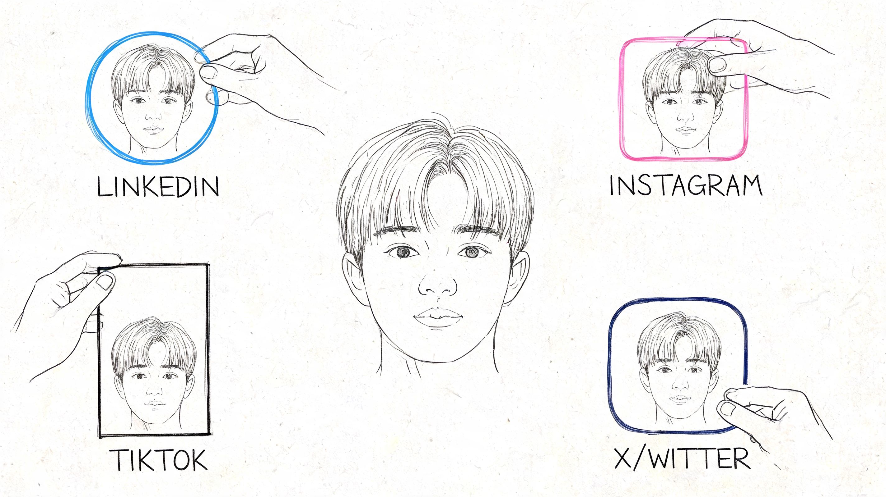 A hand placing a cartoon face into various social media frames including LinkedIn, Instagram, TikTok, and X.
