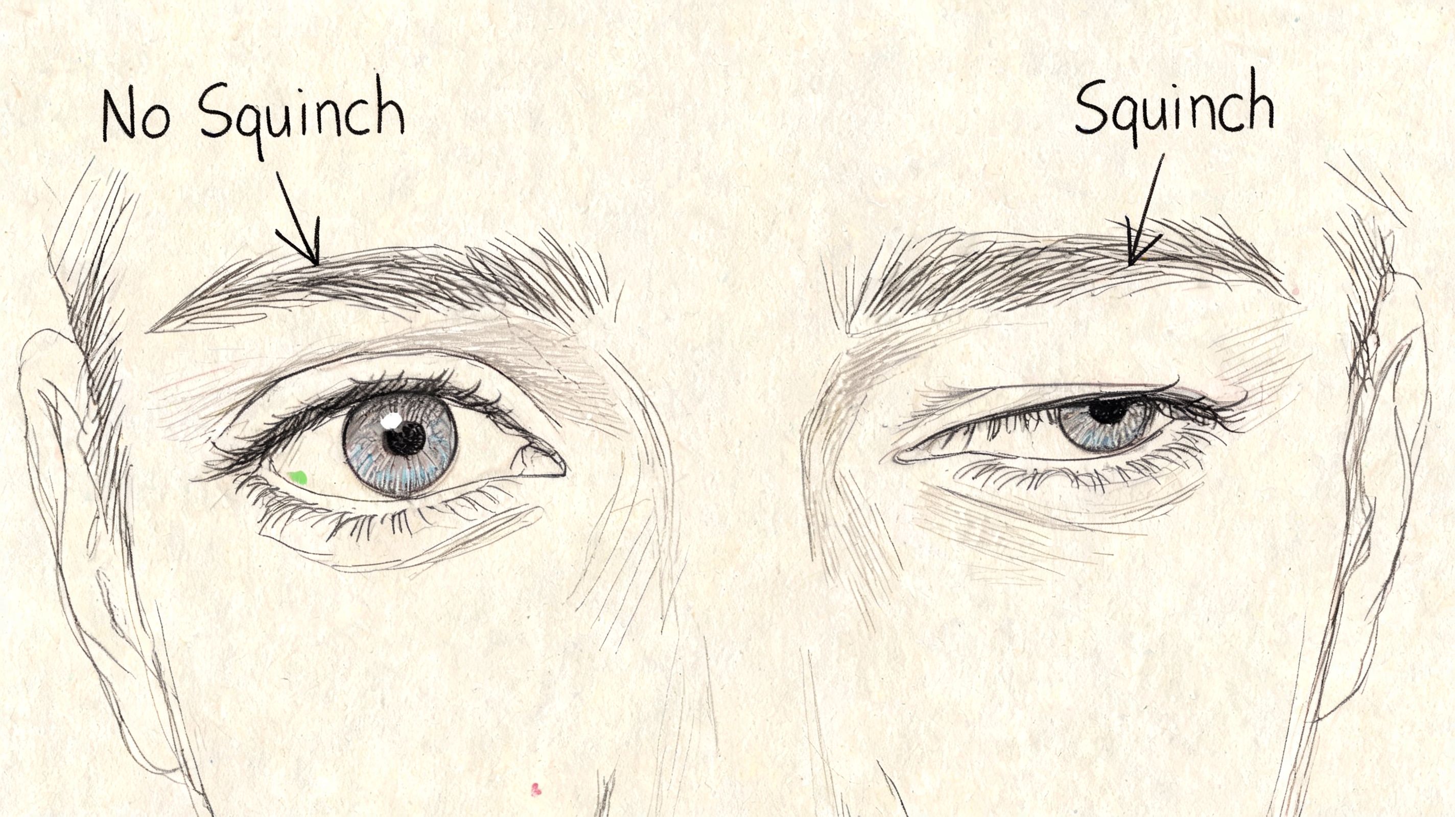 A detailed drawing comparing an eye without a squinch and an eye with a deliberate squinch expression.