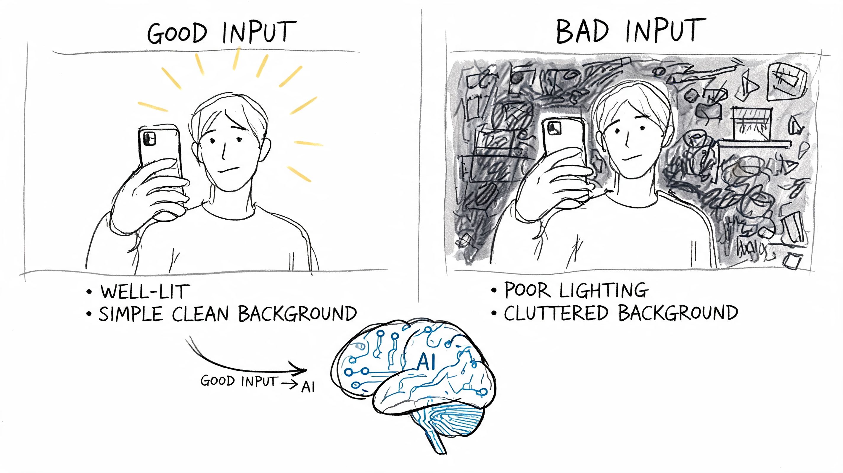 A diagram comparing good and bad photography input for an AI model to create profile pictures.