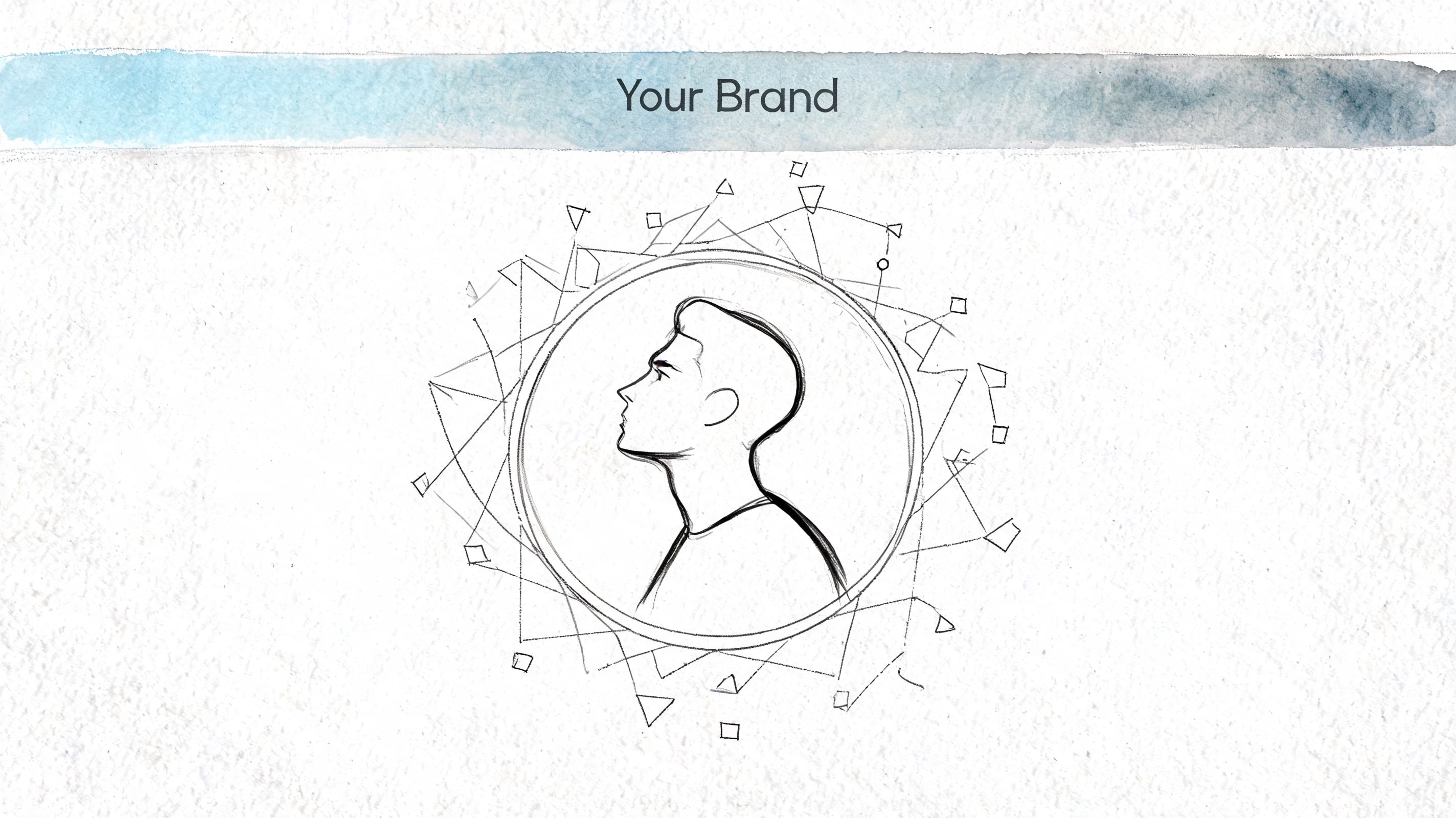 A pencil sketch of a man's profile enclosed within a circular frame with geometric abstract shapes.